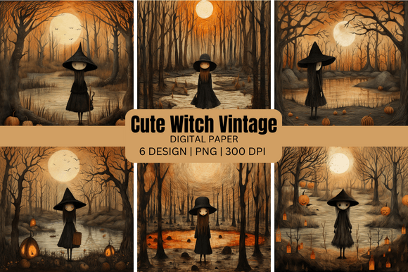 Spooky-Cute Vintage Charm: Halloween Witch Digital Paper Backgrounds