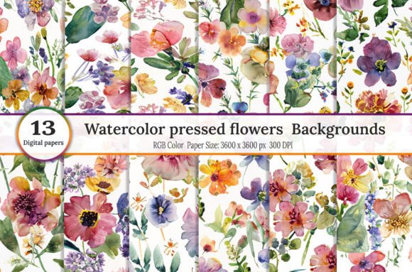 Watercolor Pressed Flowers Backgrounds for Creative Design