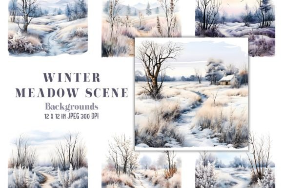 Winter Meadow Watercolor Backgrounds: A Digital Design Collection